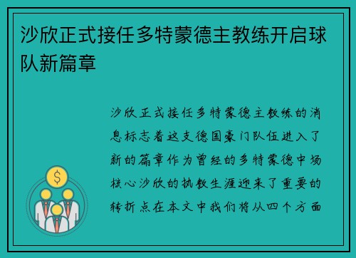 沙欣正式接任多特蒙德主教练开启球队新篇章